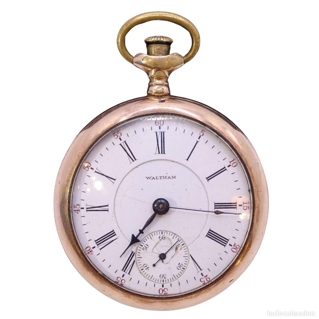 Relojes de bolsillo: Reloj de bolsillo / Leontina &ldquo;Savonette&rdquo;, American Waltham Watch Co., oro 14k, porcelana y cristal,