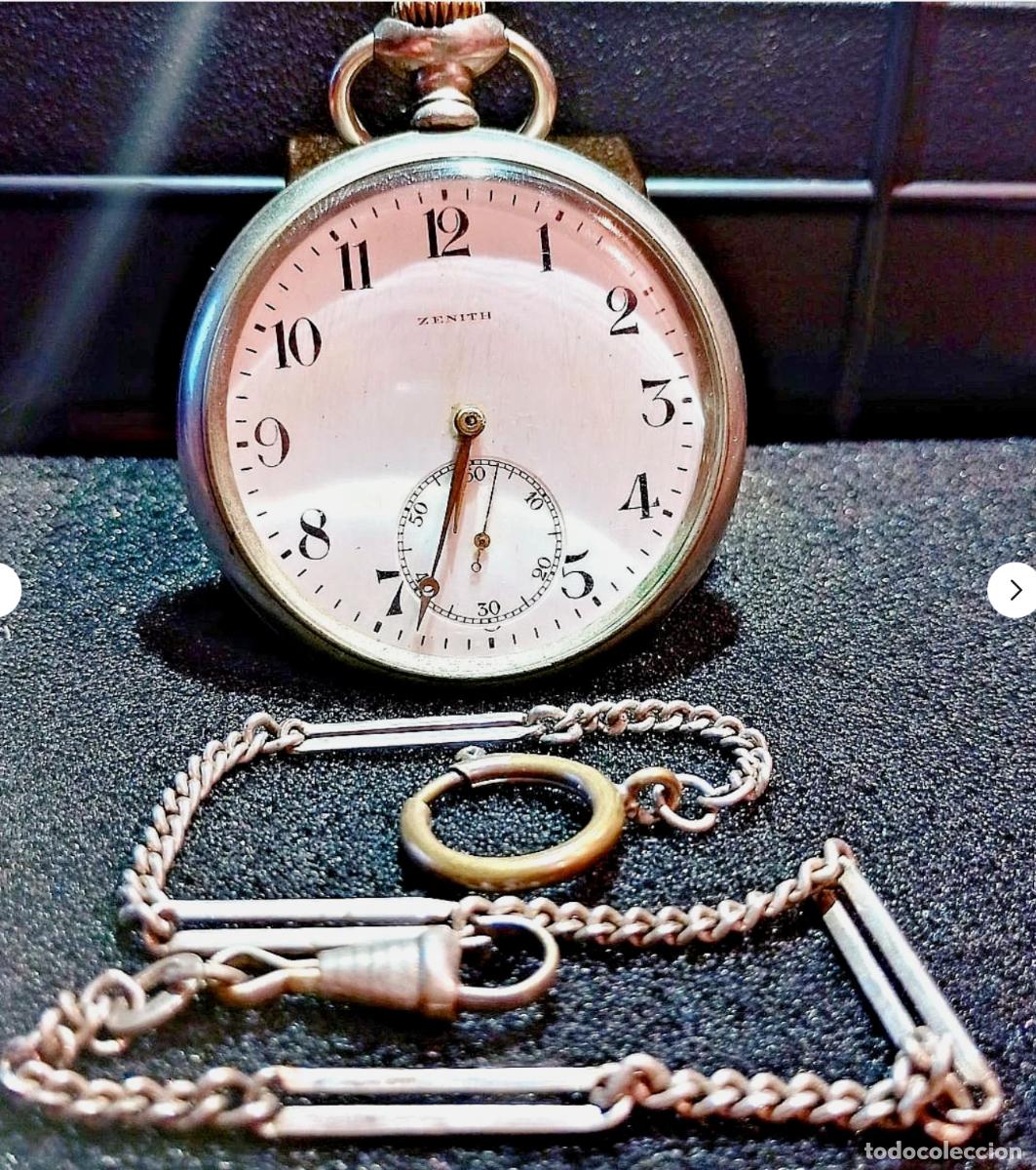 Relojes de bolsillo: Reloj de bolsillo Zenith suizo mec&aacute;nico con cadena leontina, funcionando