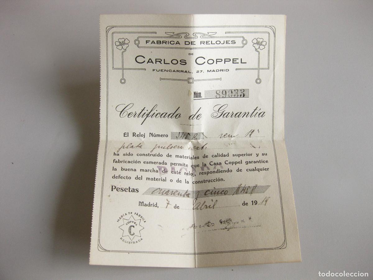 Relojes de bolsillo: CERTIFICADO DE GARANT&Iacute;A DE UN RELOJ DE PLATA. F&Aacute;BRICA DE RELOJES CARLOS COPPEL. 1919