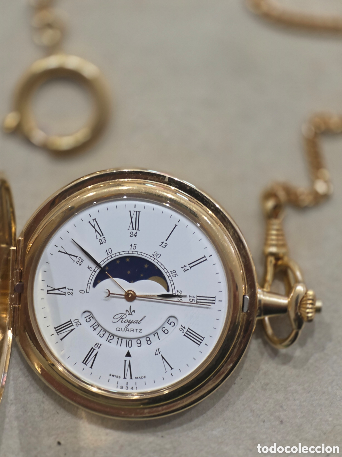 Relojes de bolsillo: Reloj de Bolsillo Vintage Royal Quartz &ndash; Fase Lunar y Calendario &ndash; Swiss Made