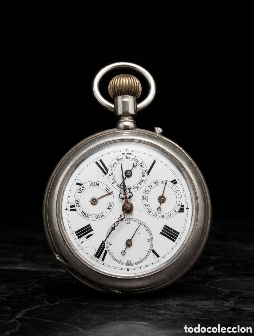 Relojes de bolsillo: Reloj de bolsillo de triple calendario sistema Roskopf funciona correctamente