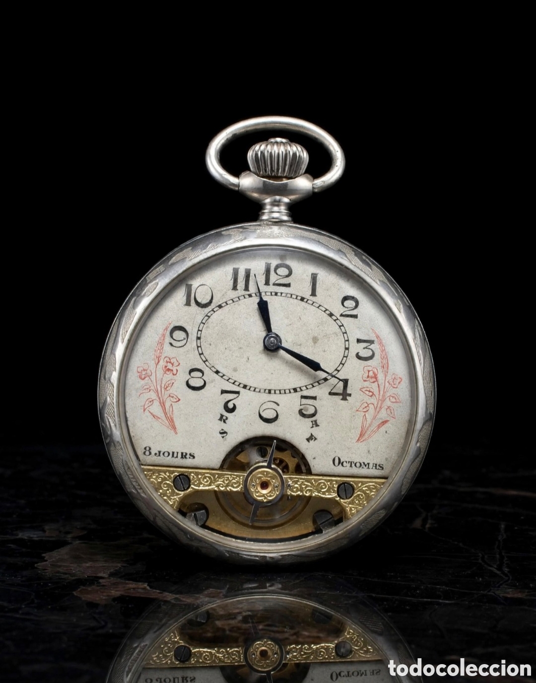 Relojes de bolsillo: Reloj de bolsillo Octomas / Hebdomas de 8 d&iacute;as en plata labrada funciona perfectamente