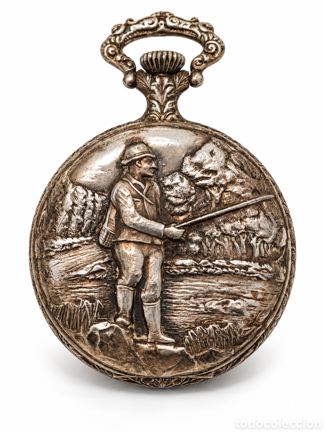 Relojes de bolsillo: Reloj de Bolsillo Suizo ARNEX 17 Jewels - Doble Tapa Labrada Pescador / Flores. Gran ba&ntilde;o de plata