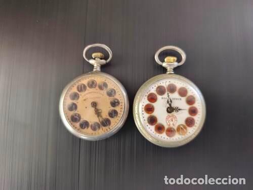 Relojes de bolsillo: Dos bonitos relojes de bolsillo con los cartuchos de las horas policromados, de principios del siglo