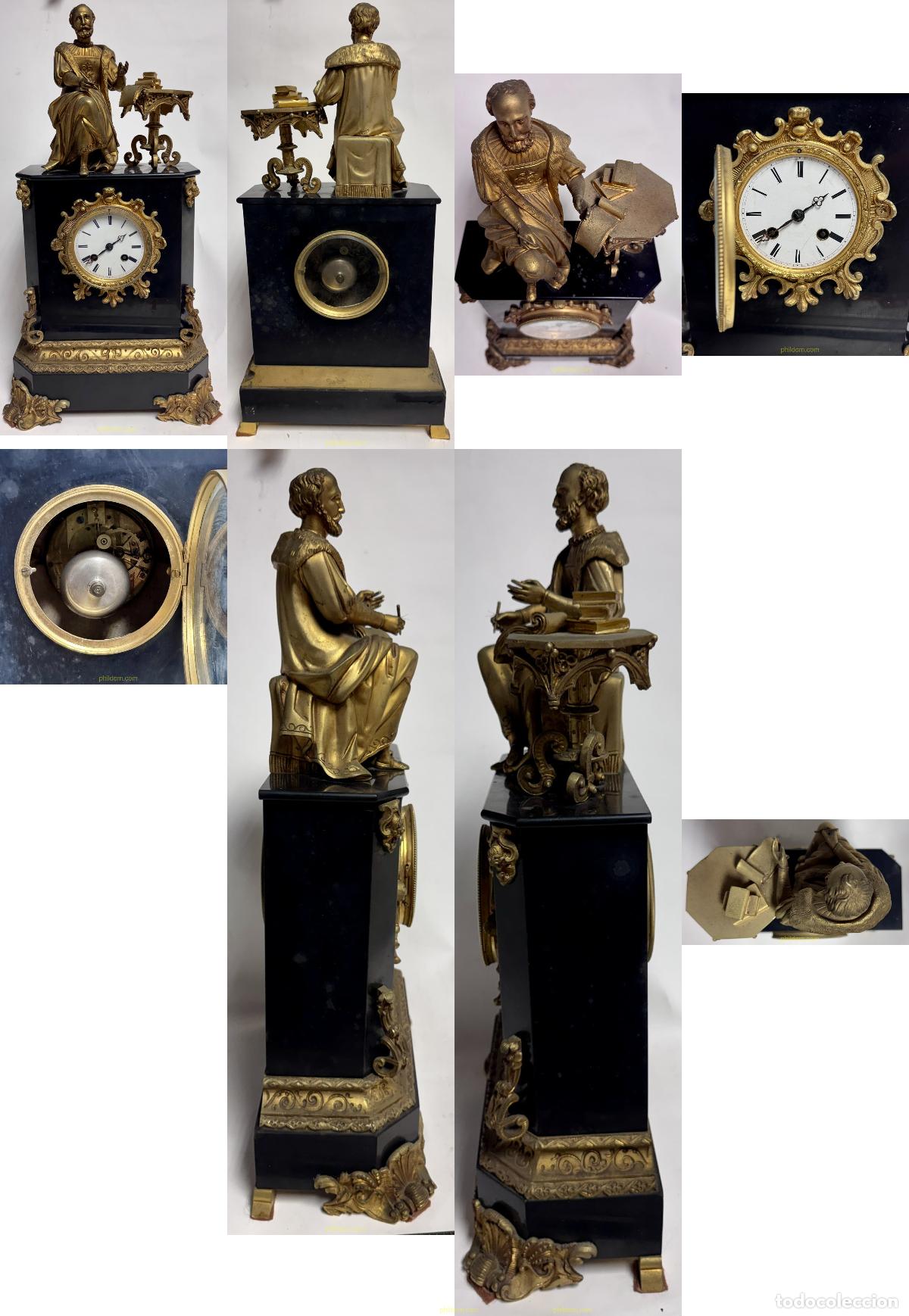 Relojes de pared: RELOJ SOBREMESA EN MARMOL NEGRO Y BRONCE DORADO CORONADO POR FIGURA DE ESCRITOR BARROCO. Flees. s.X