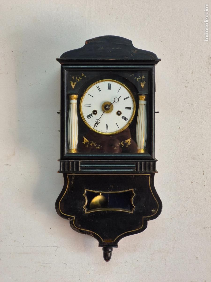 Relojes de pared: Antiguo Reloj de Pared Selva Negra, Alemania - Funciona - Completo - S.XIX - Madera Ebonizada