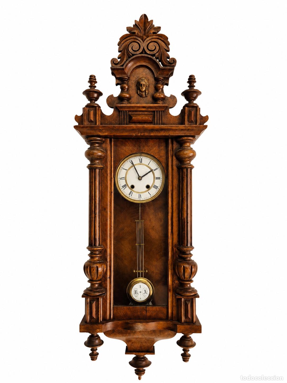 Relojes de pared: Reloj de Pared Antiguo Alfonsino - Maquina a Pilas - Talla de Madera Nogal - S.XIX