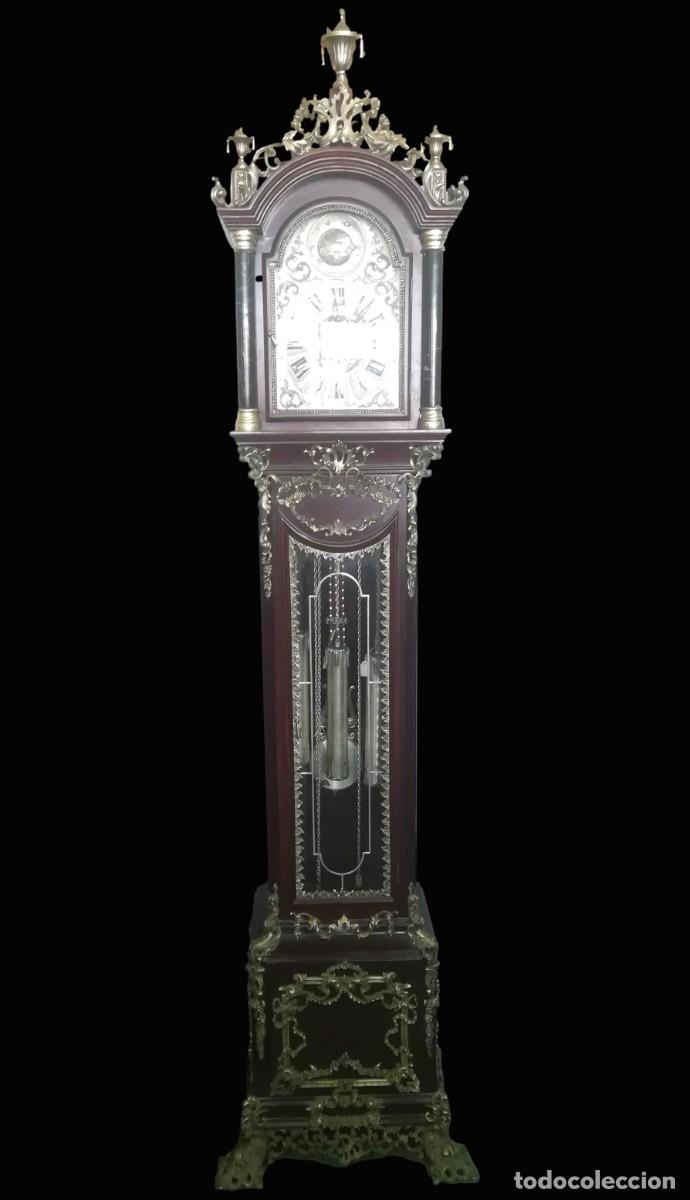 Horloges de parquet: RELOJ DE PIE INGLES TEMPUS FUGIT DE MADERA, LATON Y M&Aacute;RMOL
