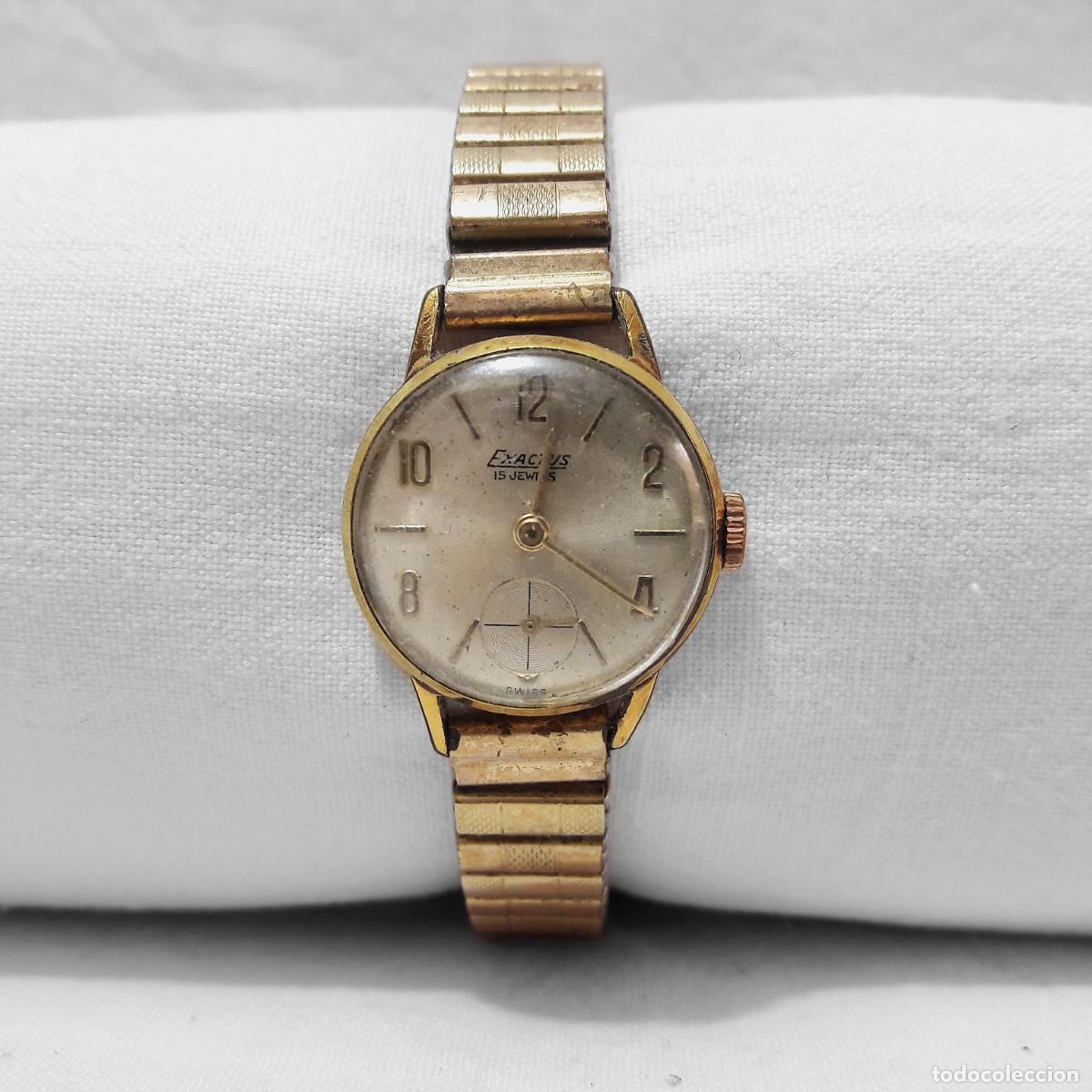 Relojes de pulsera: RELOJ SUIZO EXACTUS-15 JEWELS-21,5 MM-CHAPADO EN ORO-SWISS MADE-CORREA ACERO FLEXIBLE. A&Ntilde;OS 50