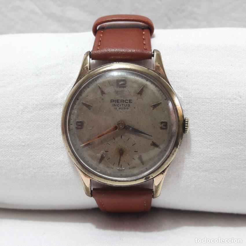 Relojes de pulsera: RELOJ PIERCE INCITUS-CALIBRE &pi; 132D-15 JEWELS-SWISS-CHAPADO EN ORO-CORREA PIEL. A&Ntilde;OS 50