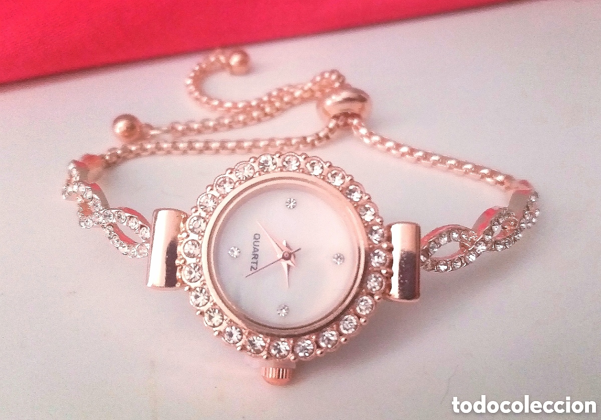 Relojes de pulsera: Original pulsera reloj color oro rosa con incrustaciones brillantes. Ajustable muy bonita. (Pila inc