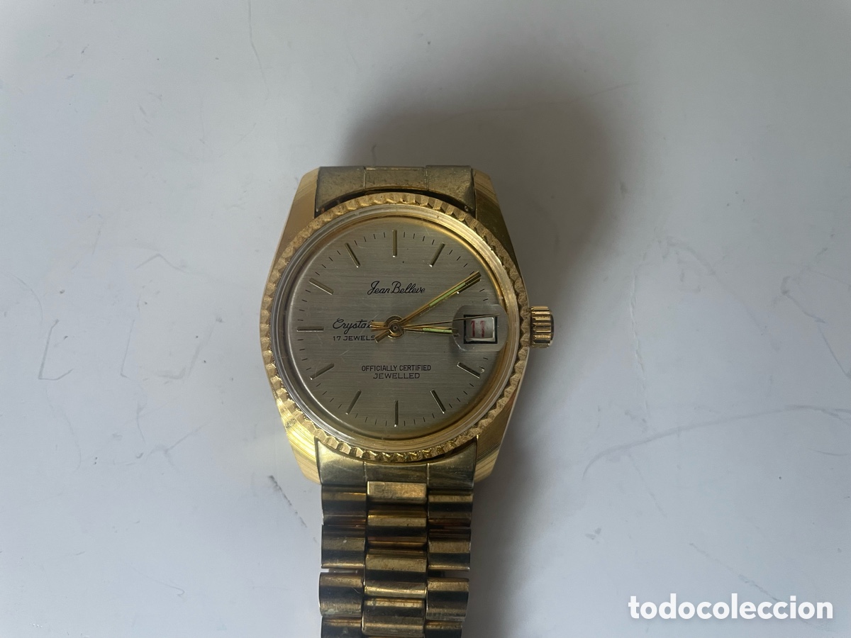Relojes de pulsera: Jean Belleve Crystal 17 Rub&iacute;es Swiss Carga Manual Fecha Dorado A&ntilde;os 70