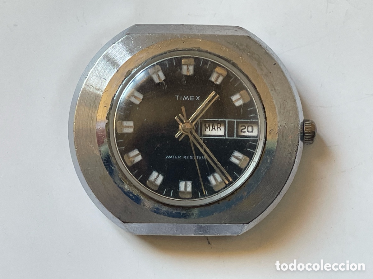 Relojes de pulsera: Reloj Timex vintage esfera negra, calendario, sin correa