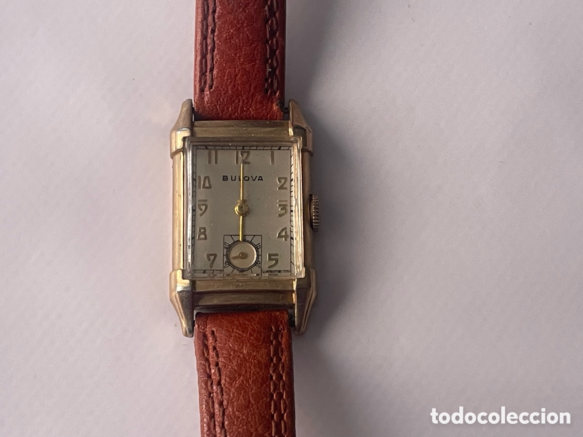 Relojes de pulsera: Reloj Bulova vintage Art Dec&oacute;, caja rectangular chapada en oro 10K, funciona