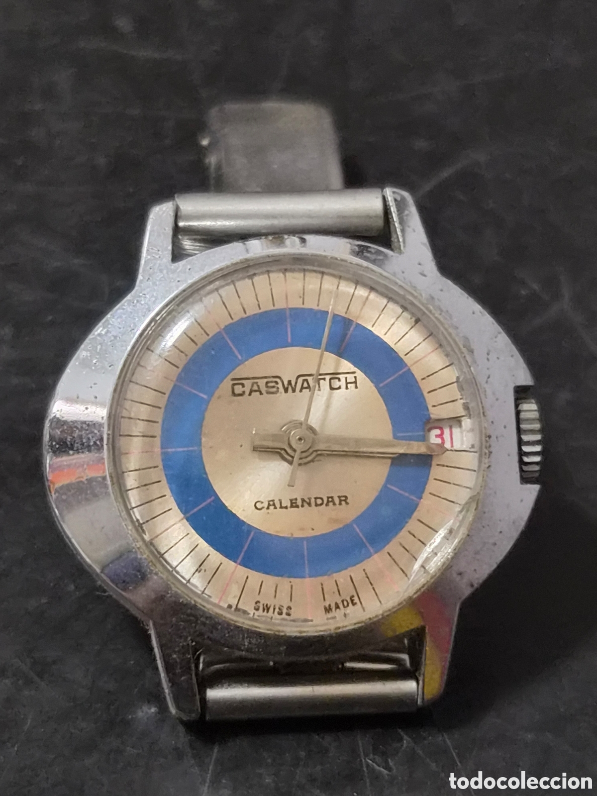 Wristwatches: ANTIGUO RELOJ CASWATCH CALENDAR A&Ntilde;OS 70 ESPERA AZUL Y PLATEADA ORIGINAL