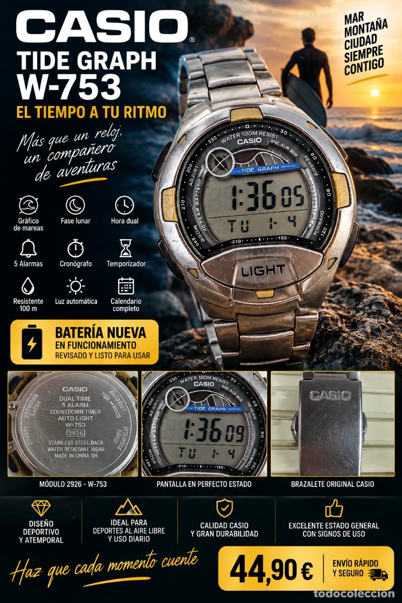 Relojes - Casio: CASIO W-753 Tide Graph 2926 &ndash; Mareas y Fase Lunar &ndash; 100M &ndash; Brazalete Acero &ndash; Bater&iacute;a Nueva