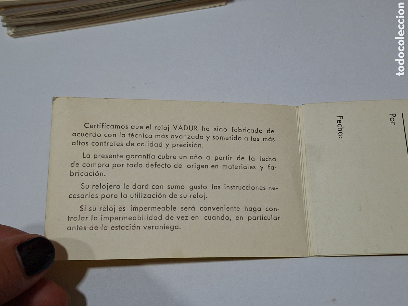 Herramientas de relojes: Certificado de garant&iacute;a reloj Vadur . - Foto 2