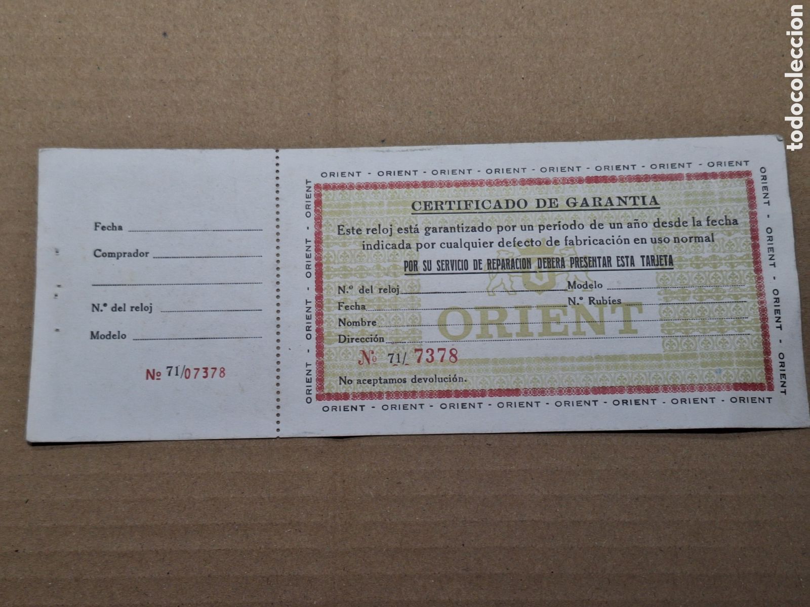 Herramientas de relojes: Certificado de garant&iacute;a reloj Orient . - Foto 1