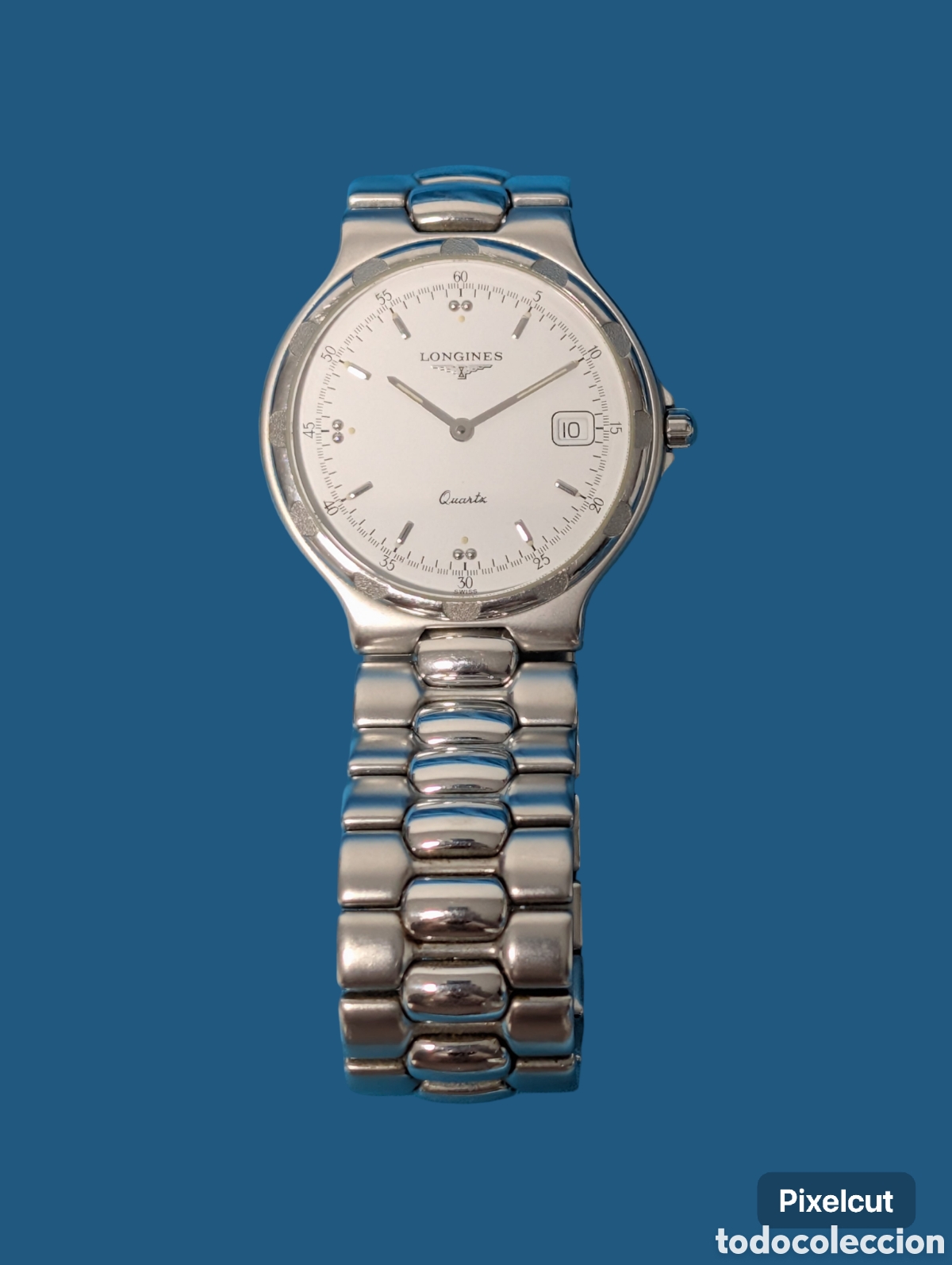 Relojes - Longines: Reloj Vintage LONGINES Conquest Quartz - Acero, Esfera Blanca con Fecha, A&ntilde;os 90. Brazalete de Balas