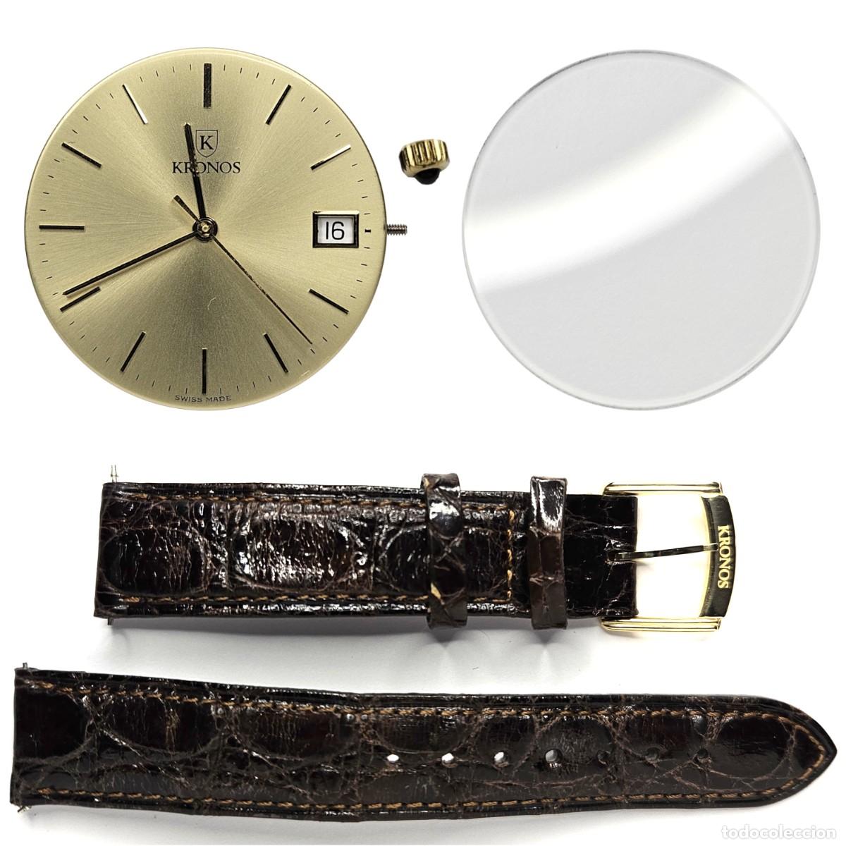 Ricambi di orologi: MAQUINARIA RELOJ KRONOS QUARTZ-CALIBRE ETA 955.112-ESFERA+CORONA+CORREA COCODRILO-A&Ntilde;OS 80-HOMBRE