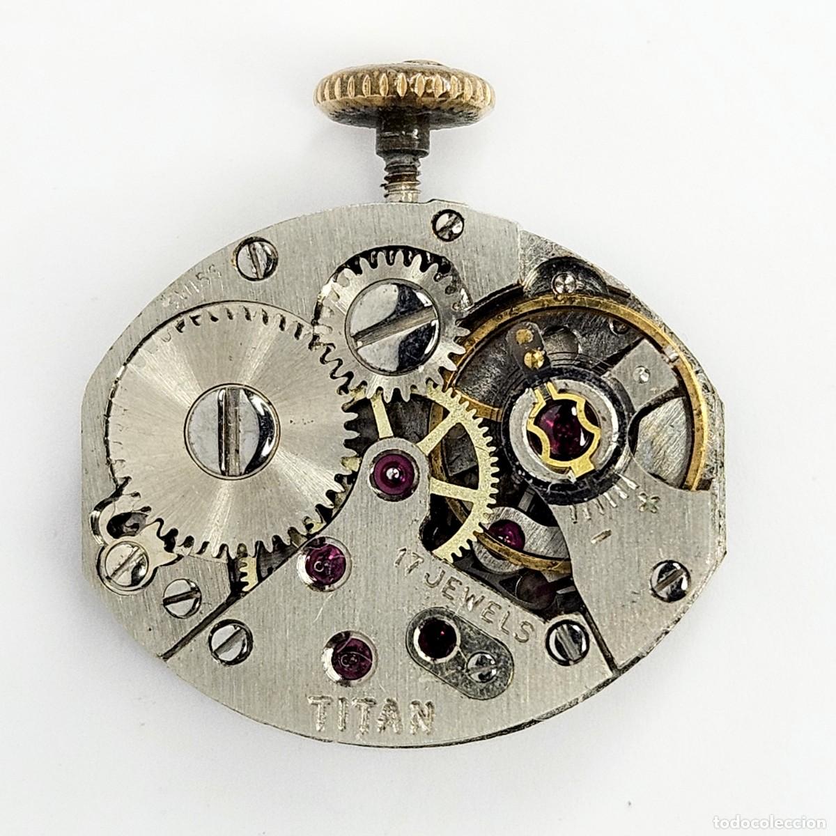 Recambios de relojes: MAQUINARIA RELOJ TITAN INCABLOC-CALIBRE AS 1677-SWISS-17 RUBIS-ESFERA-AGUJAS-TIJA-CORONA-A&Ntilde;OS 60