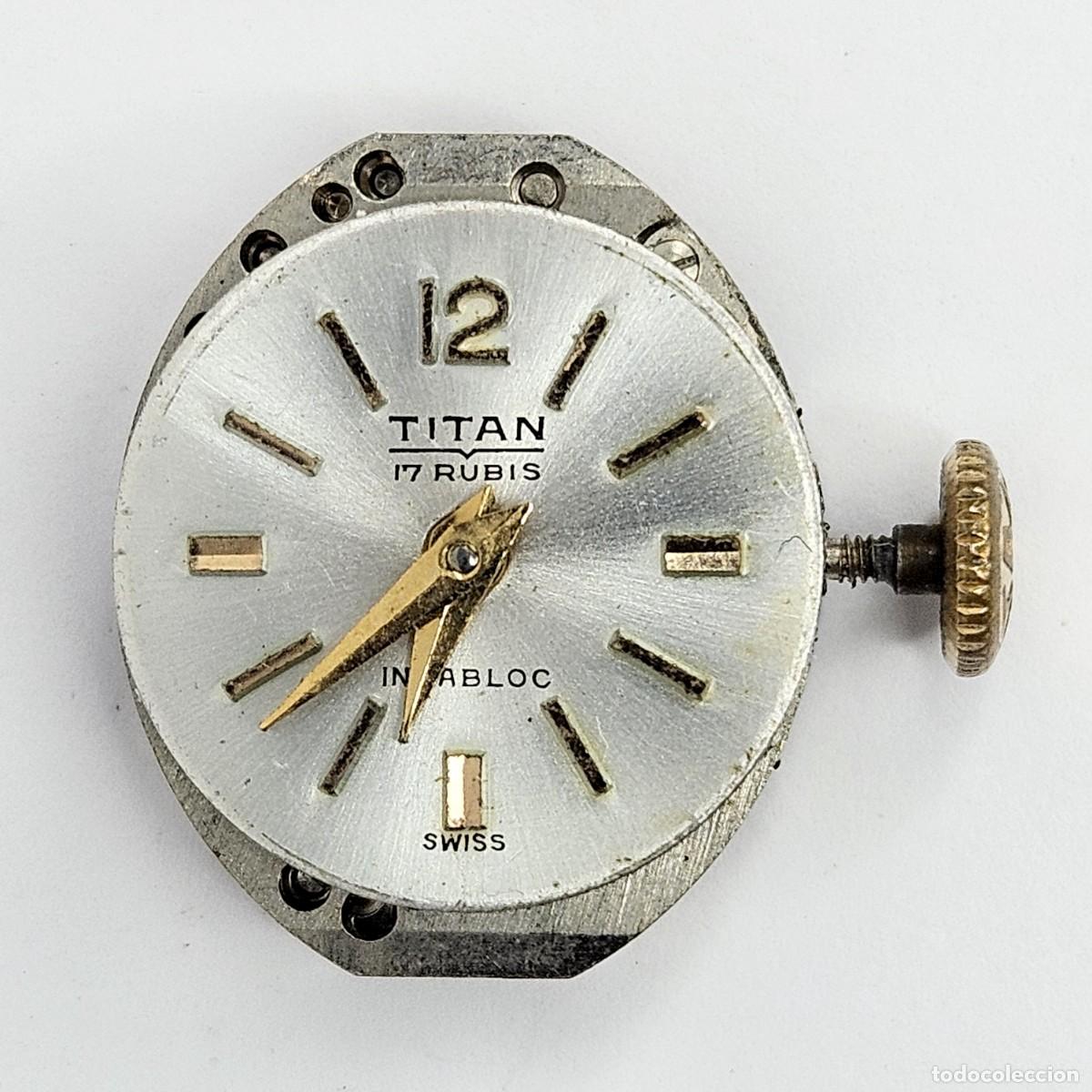 Pi&egrave;ces de rechange de montres et horloges: MAQUINARIA RELOJ TITAN INCABLOC-CALIBRE AS 1677-SWISS-17 RUBIS-ESFERA-AGUJAS-TIJA-CORONA-A&Ntilde;OS 60