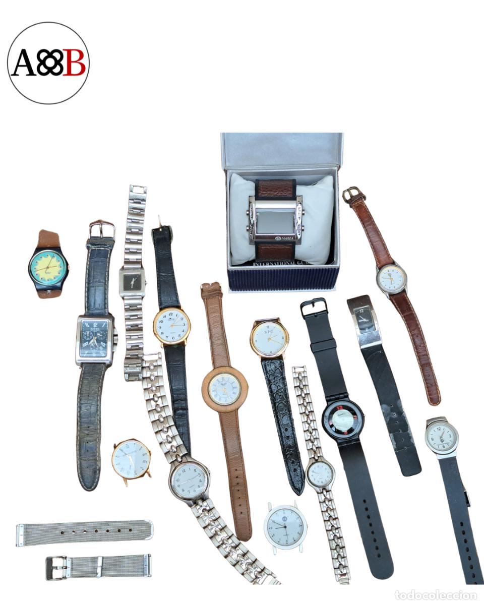 Recambios de relojes: LOTE ~18 RELOJES QUARTZ VINTAGE VARIADOS &mdash; MAREA CON CAJA + SWATCH + LOTUS + FONTINA + SPC + CORREAS