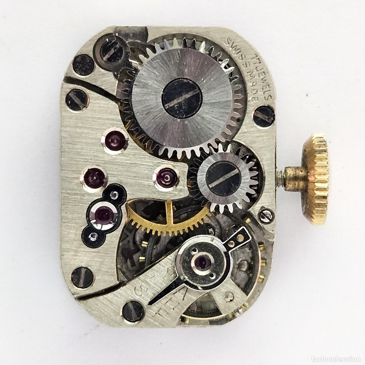 Recambios de relojes: MAQUINARIA RELOJ RUBY-CALIBRE-SWISS-17 JEWEL-ESFERA-AGUJAS-TIJA-CORONA-CAJA TRASERA BA&Ntilde;O ORO-A&Ntilde;OS 50