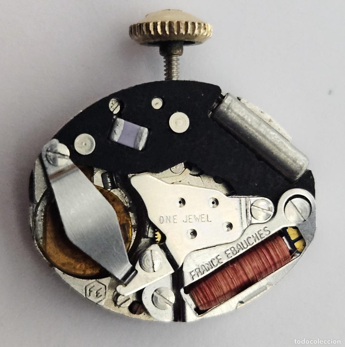 Recambios de relojes: MAQUINARIA RELOJ-DUWARD QUARTZ-CALIBRE-FE-FRANCE EBAUCHES-ESFERA-AGUJA-TIJA-CORONA-1 JEWEL