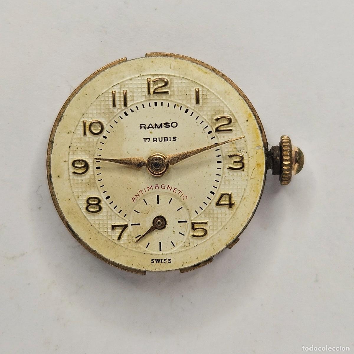 Recambios de relojes: MAQUINARIA RELOJ RAMSO-CALIBRE-SWISS-17 RUBIS-ESFERA+AGUJAS+TIJA+CORONA+PLEXI. A&Ntilde;OS -50-60