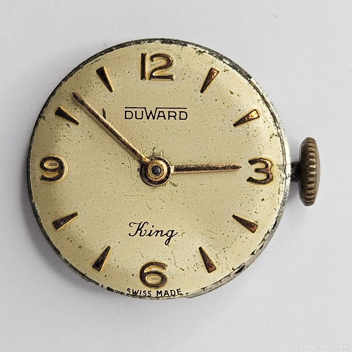 Recambios de relojes: MAQUINARIA RELOJ DUWARD KING 010-CALIBRE 1010-ESFERA+AGUJAS+TIJA+CORONA+PLEXI-SWISS. A&Ntilde;OS 50-60