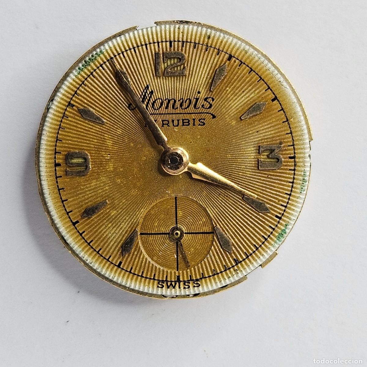 Recambios de relojes: MAQUINARIA RELOJ MONVIS-CALIBRE AS 970-ESFERA+AGUJAS+TIJA-CORONA+17 RUBIS-SWISS. A&Ntilde;OS 50