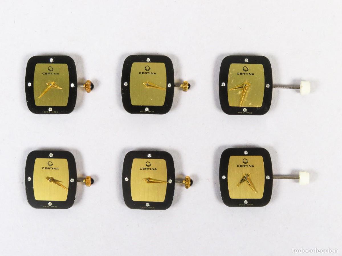 Recambios de relojes: Lote de 6 maquinarias Certina cuerda manual para reloj mujer con esferas doradas y negras siglo XX