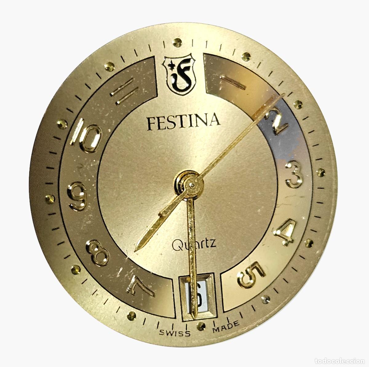 Recambios de relojes: MAQUINARIA RELOJ-FESTINA QUARTZ-CALIBRE-ETA 256.111-SWISS-ESFERA COLOR ORO-AGUJAS-CALENDARIO-9 JEWEL