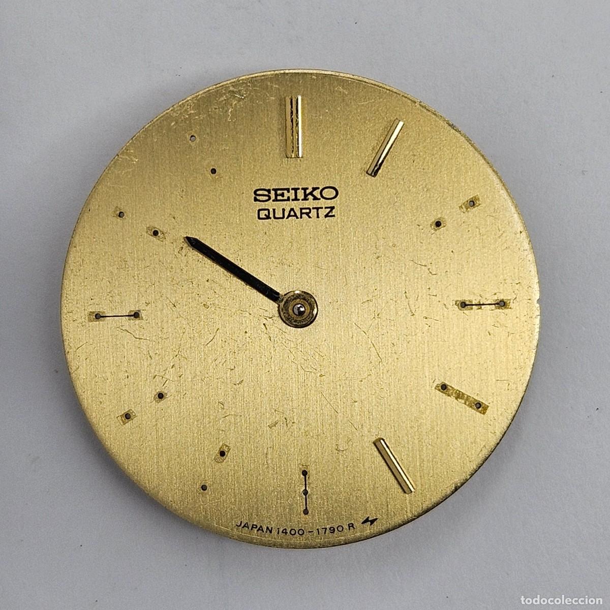 Recambios de relojes: MAQUINARIA RELOJ-SEIKO QUARTZ-R-6 J-14 A-CALIBRE-ESFERA COLOR ORO-JAPAN 1400-1790
