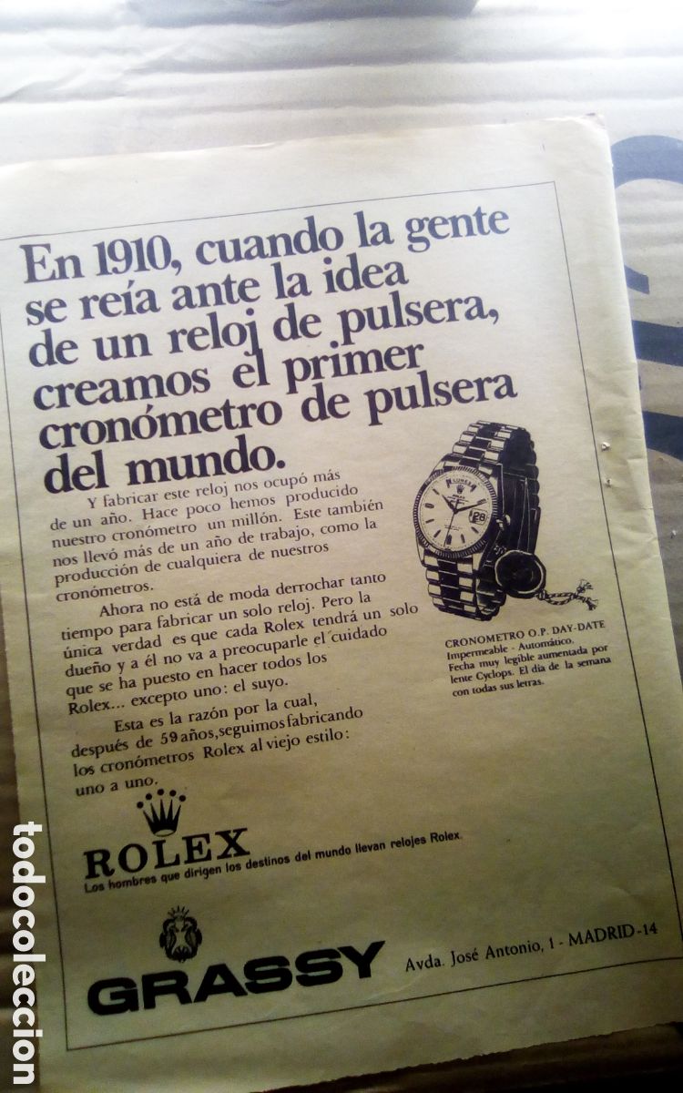 Recambios de relojes: Hoja peri&oacute;dico ABC, a&ntilde;o 1969. Publicidad reloj Rolex Cron&oacute;metro O. P. Day-Date.