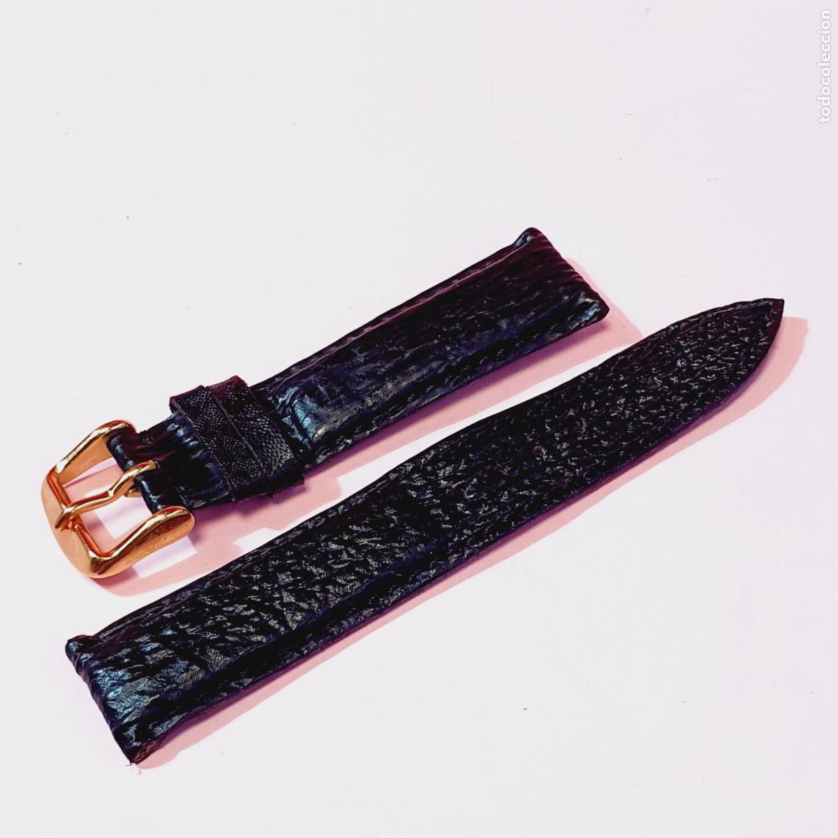 Recambios de relojes: CORREA.PIEL GENUINA-PIEL RUGOSA-NEGRA-20 MM-EN PARTE ACOLCHADA-NUEVA-HEBILLA DORADA-VER FOTOGRAF