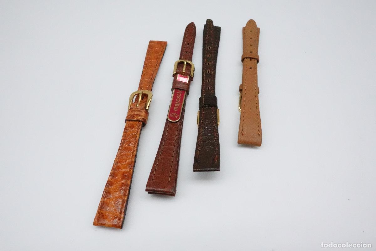 Recambios de relojes: LOTE DE 4 CORREAS 12 MM DE RELOJ NUEVAS VINTAGE DE PIEL EN TONOS MARR&Oacute;N, CUERO Y MAJESTIC