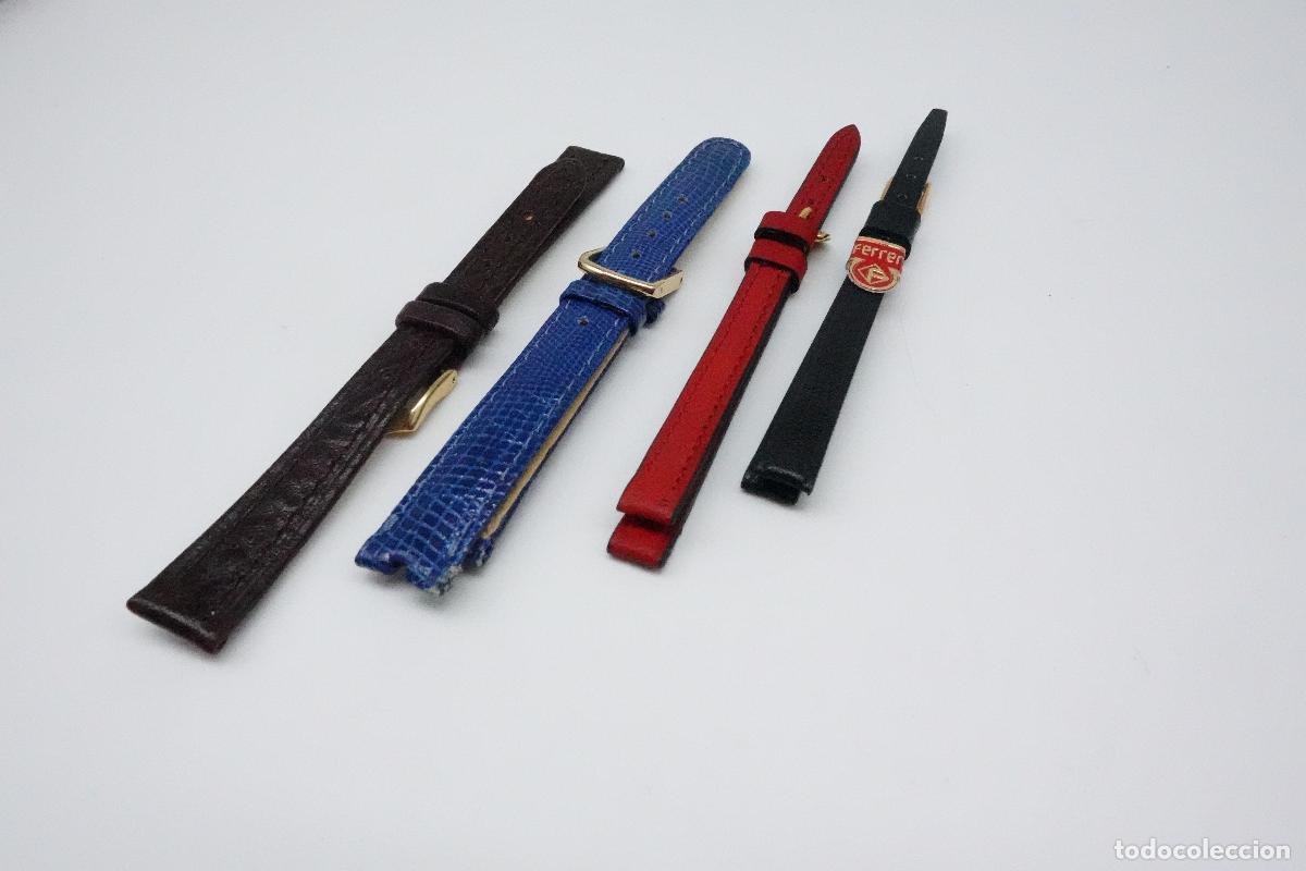 Recambios de relojes: LOTE DE 4 CORREAS DE RELOJ NUEVAS VINTAGE EN PIEL VARIADAS - AZUL, ROJA, MARR&Oacute;N Y FERRER