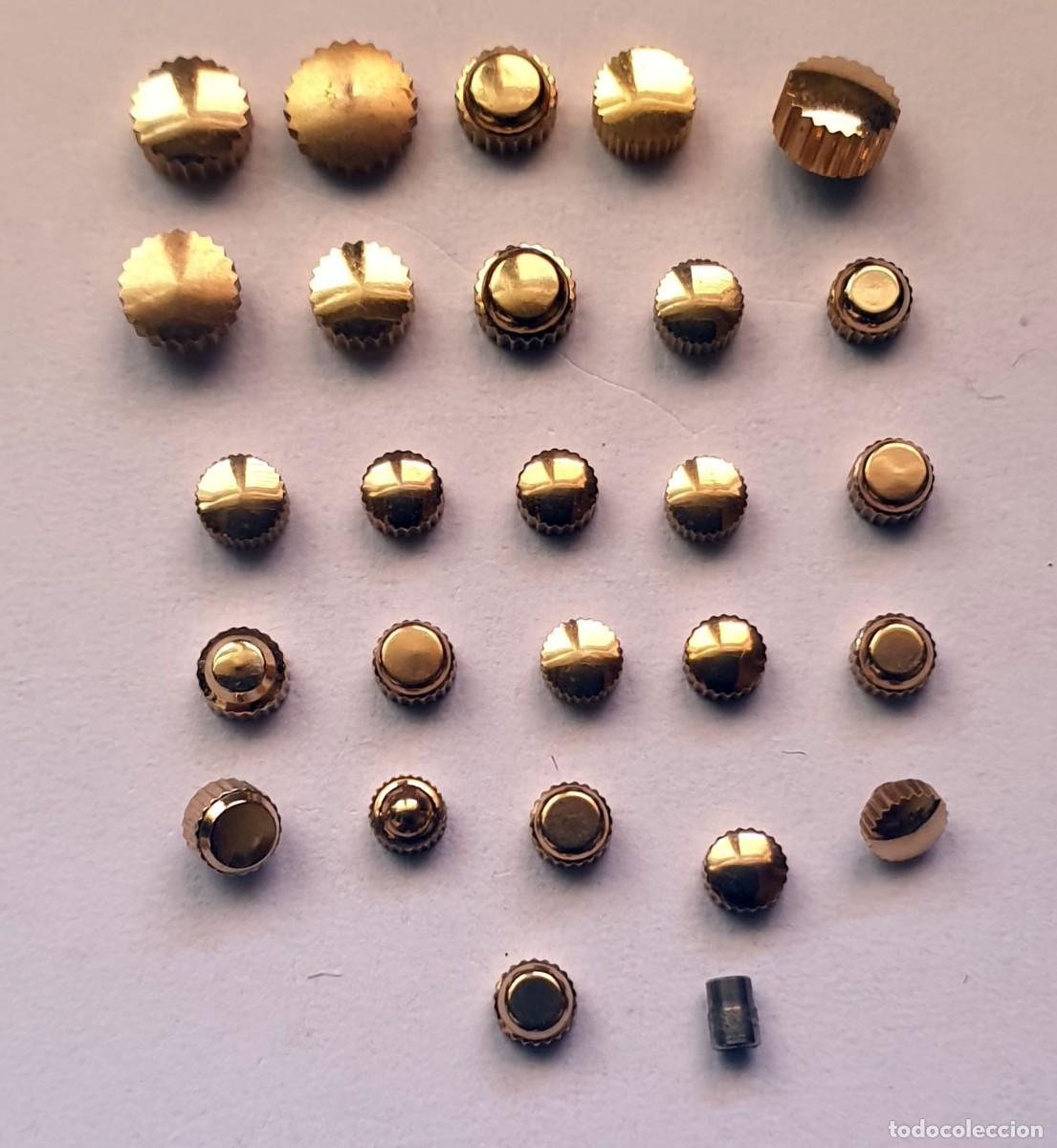 Recambios de relojes: Lote de 26 Coronas Doradas Variadas + 1 Casquillo / Tubo