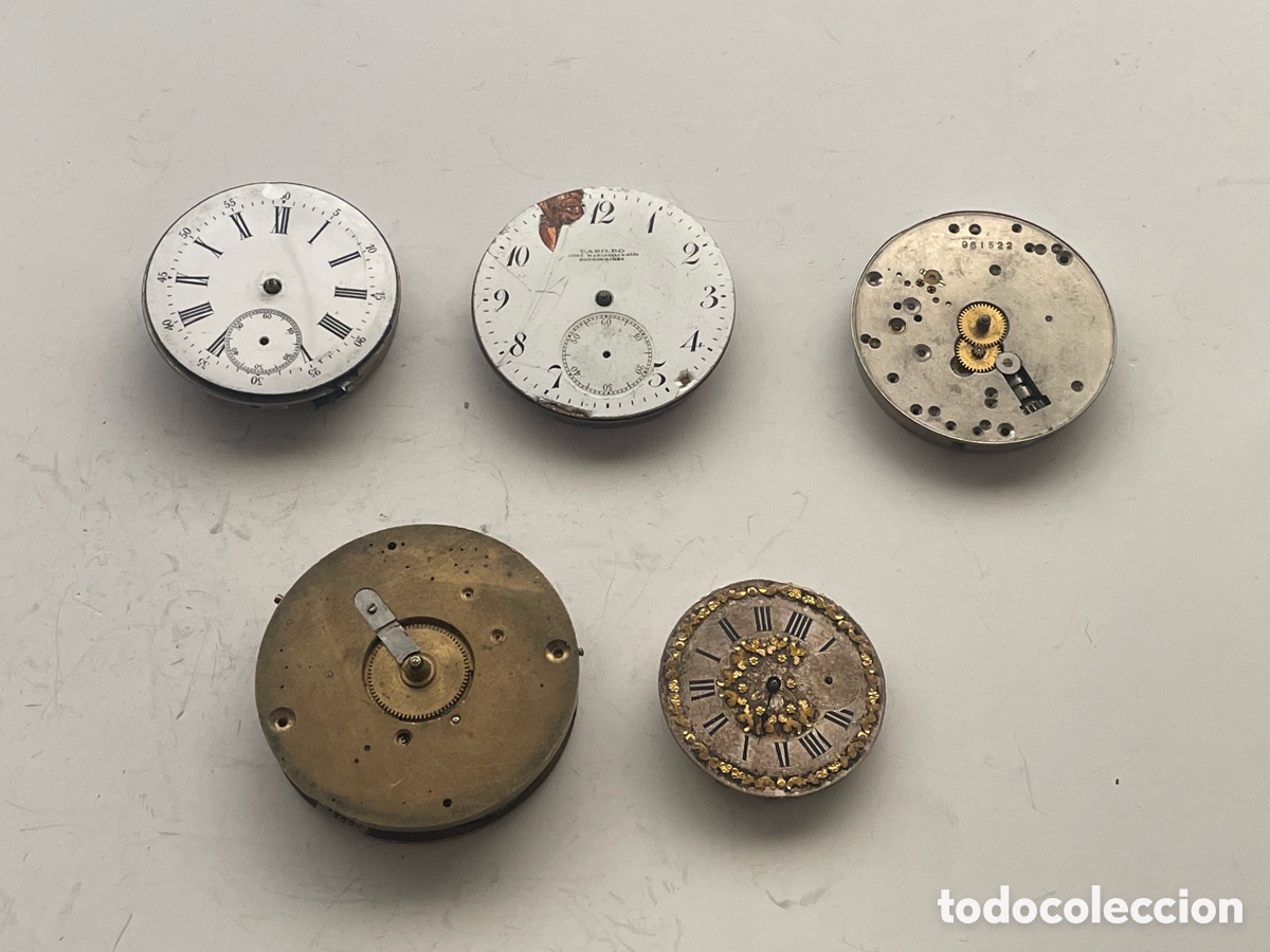 Recambios de relojes: Lote de 5 movimientos de reloj de bolsillo antiguos (Waltham, Cabildo, Roskopf Patent) - para piezas