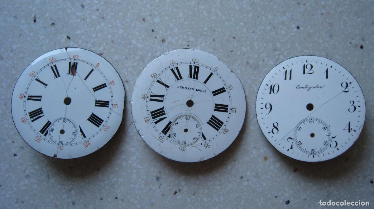 Recambios de relojes: Antiguas esferas de reloj de bolsillo de porcelana 43,43 y 42 mm. todas con patillas de sujecci&oacute;n