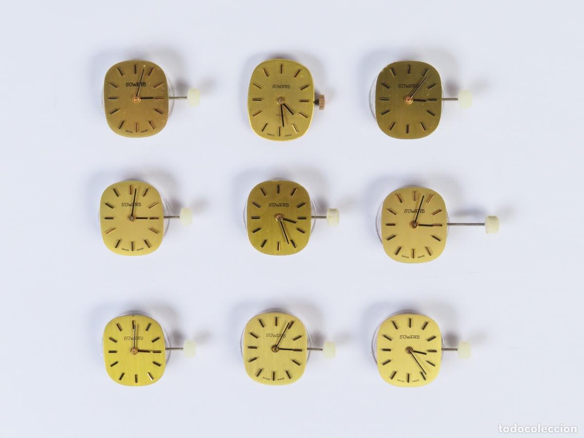 Recambios de relojes: Lote 9 esferas reloj pulsera maquinaria Duward cuerda esfera cuadrada manillas negras