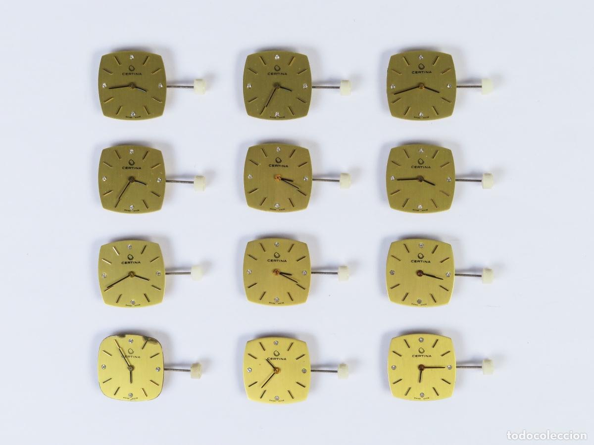 Recambios de relojes: Lote 12 esferas reloj pulsera maquinaria Certina cuerda esfera cuadrada manillas negras, 4brillantes