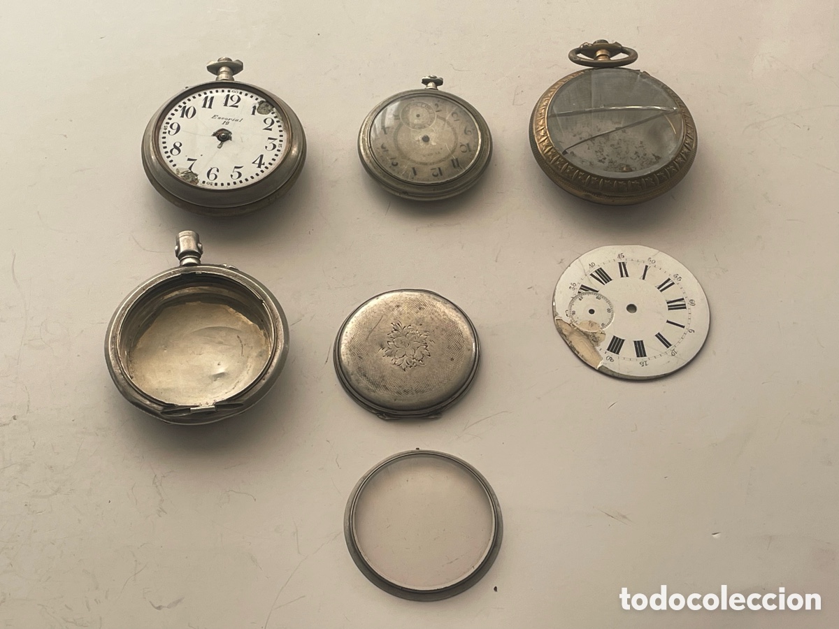 Recambios de relojes: Lote piezas relojes de bolsillo Escorial y Turia, cajas, esfera y tapa