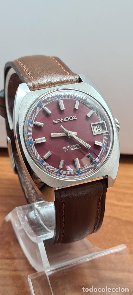 Relojes - Sandox: Reloj (Vintage) SANDOZ automático acero esfera color vino calendario a las tres, correa cuero marrón - Foto 3 - 291243583
