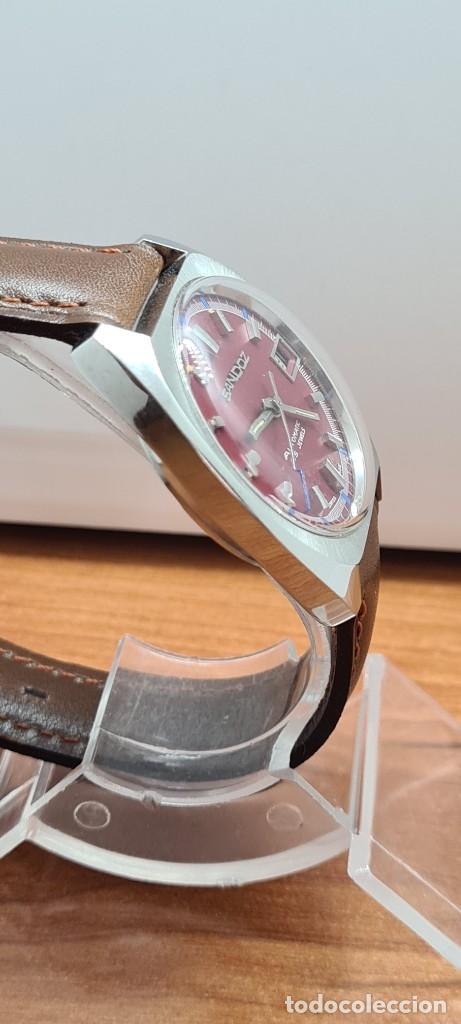 Relojes - Sandox: Reloj (Vintage) SANDOZ automático acero esfera color vino calendario a las tres, correa cuero marrón - Foto 12 - 291243583