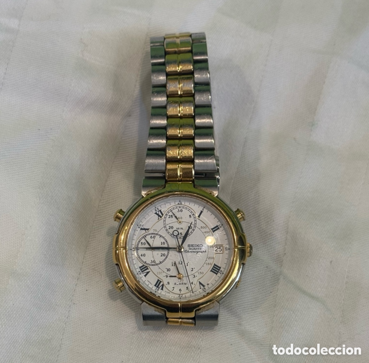 Relojes - Seiko: Reloj Caballero Seiko Cron&oacute;grafo Vintage 7T32-7A00 Bicolor Acero y Oro Funcionando