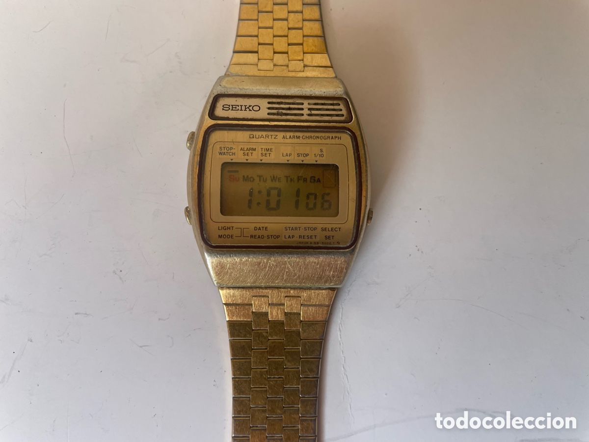 Relojes - Seiko: Seiko A158-5000 Quartz Alarm Cron&oacute;grafo LCD Dorado Vintage Japan a&ntilde;os 70