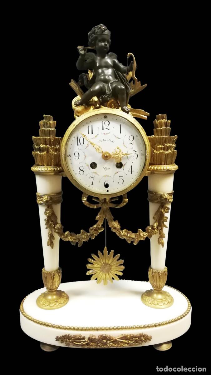 Relojes de carga manual: RELOJ FRANCES DE SOBREMESA NAPOLEON III MARMOL BLANCO, BRONCE Y ADORNOS DORADOS S. XIX